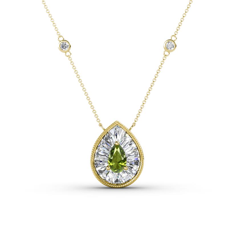 Viola Iris 0.59 ctw Pear Cut Peridot and Baguette Diamond Milgrain Halo Pendant Necklace with Diamond Stations 