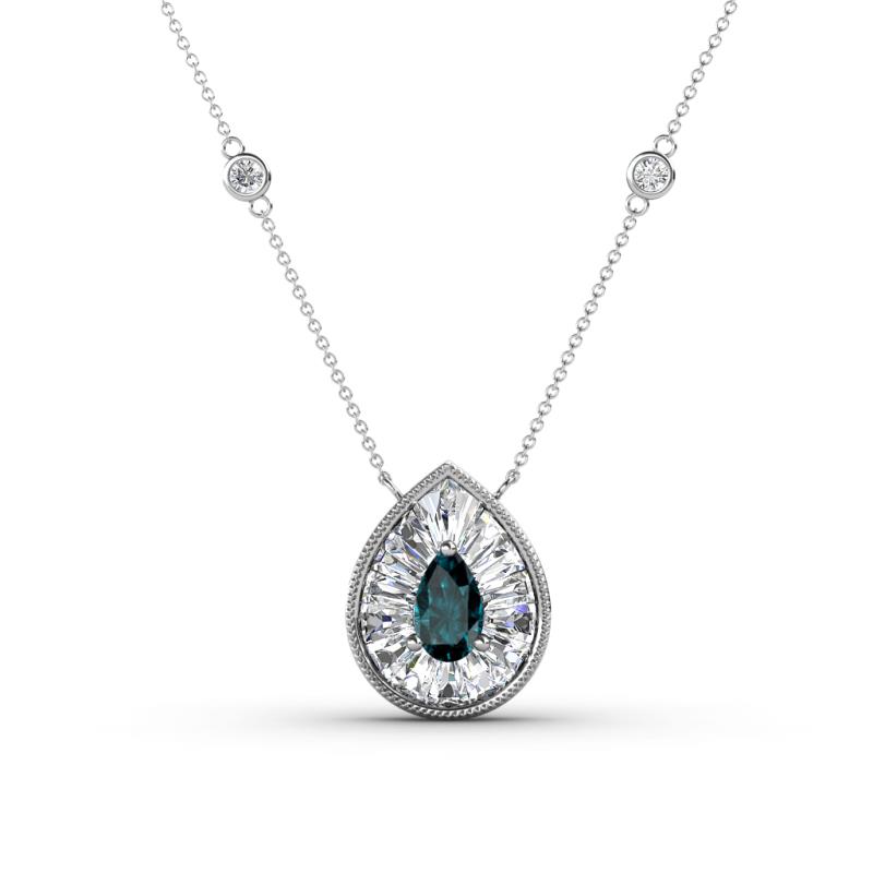 Viola Iris 0.59 ctw Pear Cut London Blue Topaz and Baguette Diamond Milgrain Halo Pendant Necklace with Diamond Stations 