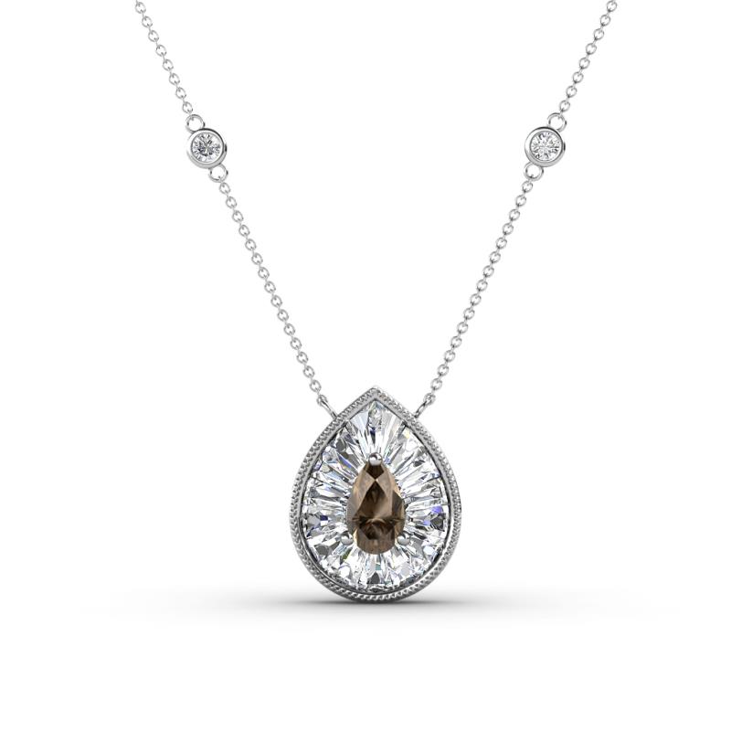 Viola Iris 0.54 ctw Pear Cut Smoky Quartz and Baguette Diamond Milgrain Halo Pendant Necklace with Diamond Stations 
