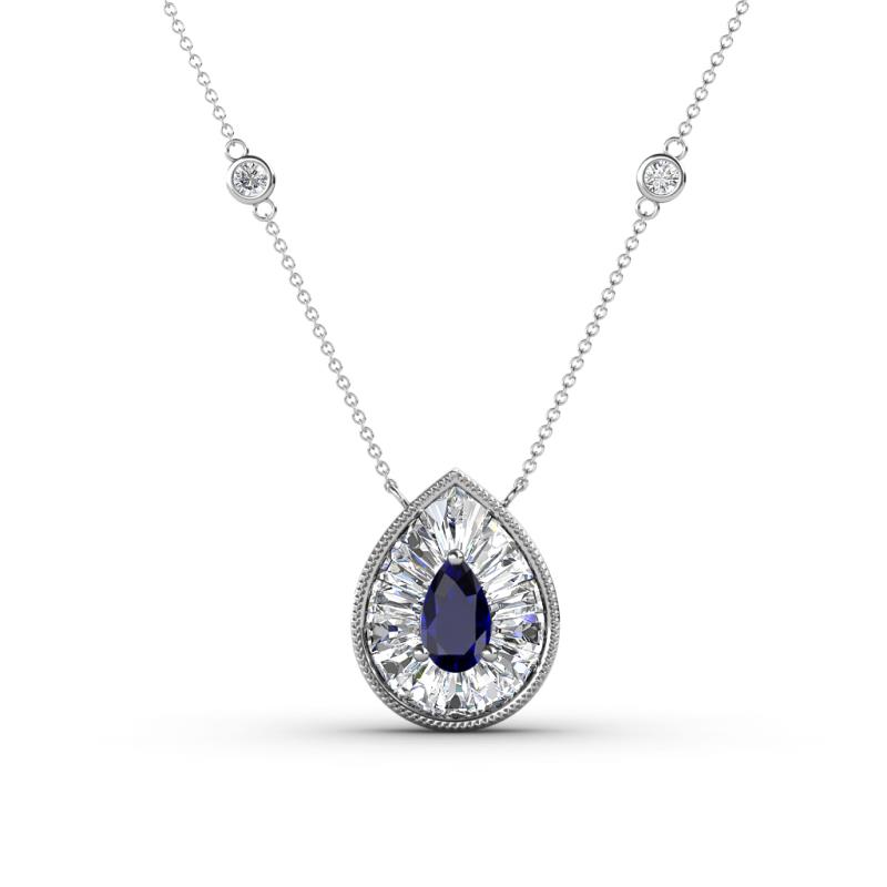 Viola Iris 0.64 ctw Pear Cut Blue Sapphire and Baguette Diamond Milgrain Halo Pendant Necklace with Diamond Stations 