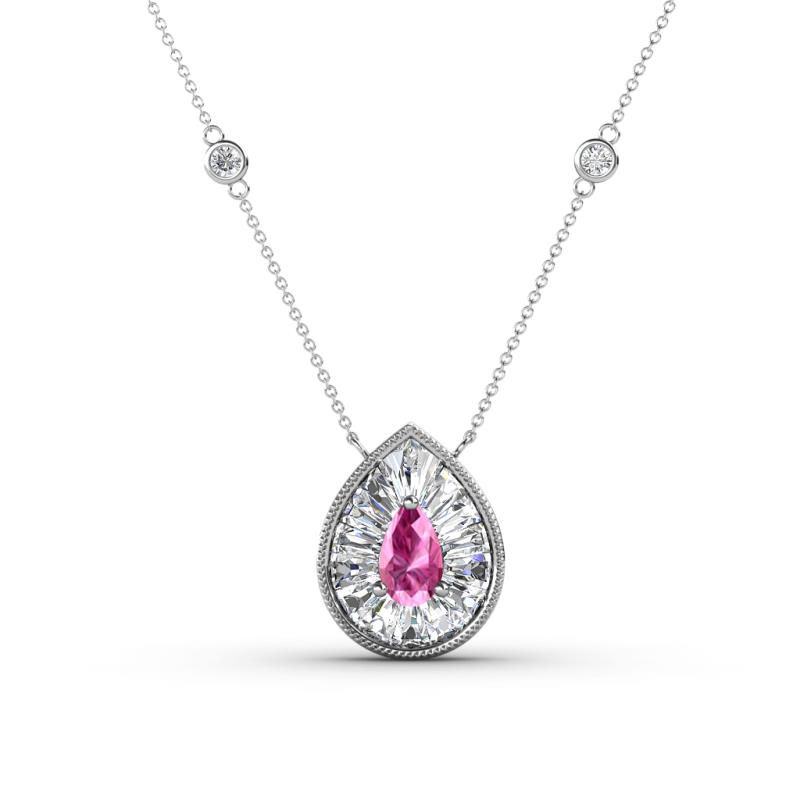 Viola Iris 0.64 ctw Pear Cut Pink Sapphire and Baguette Diamond Milgrain Halo Pendant Necklace with Diamond Stations 