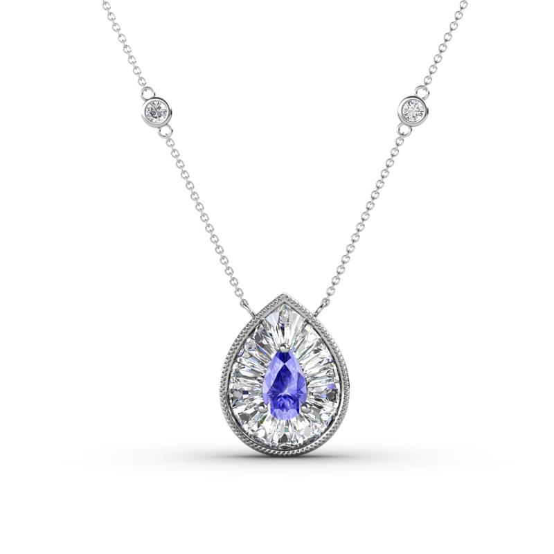 Viola Iris 0.59 ctw Pear Cut Tanzanite and Baguette Diamond Milgrain Halo Pendant Necklace with Diamond Stations 