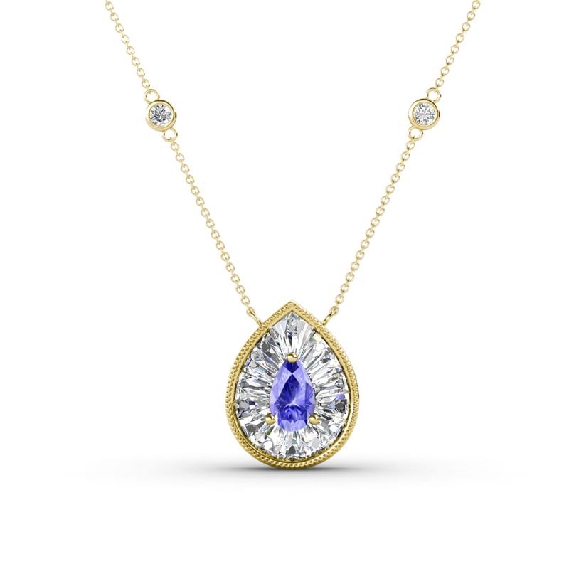 Viola Iris 0.59 ctw Pear Cut Tanzanite and Baguette Diamond Milgrain Halo Pendant Necklace with Diamond Stations 