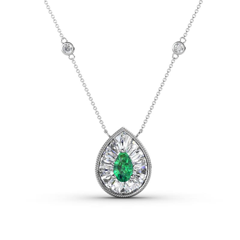 Viola Iris 0.54 ctw Pear Cut Emerald and Baguette Diamond Milgrain Halo Pendant Necklace with Diamond Stations 