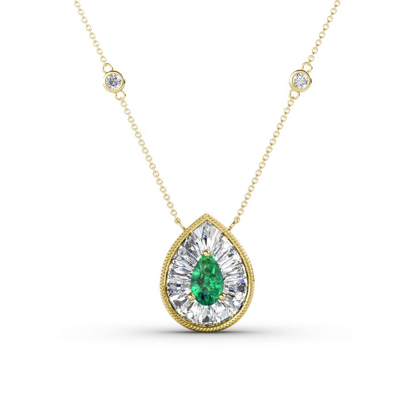 Viola Iris 0.54 ctw Pear Cut Emerald and Baguette Diamond Milgrain Halo Pendant Necklace with Diamond Stations 
