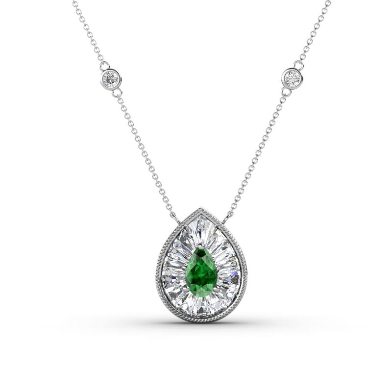 Viola Iris Pear Cut Green Garnet and Baguette Diamond Milgrain Halo Pendant Necklace with Diamond Stations 