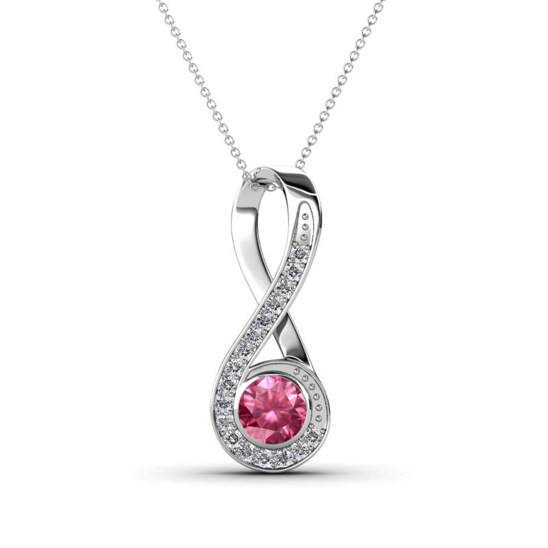 Mandana 5.00 mm Round Pink Tourmaline and Diamond Vertical Infinity Pendant Necklace 