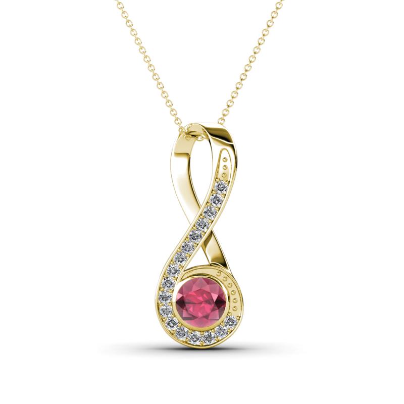 Mandana 5.00 mm Round Rhodolite Garnet and Diamond Vertical Infinity Pendant Necklace 