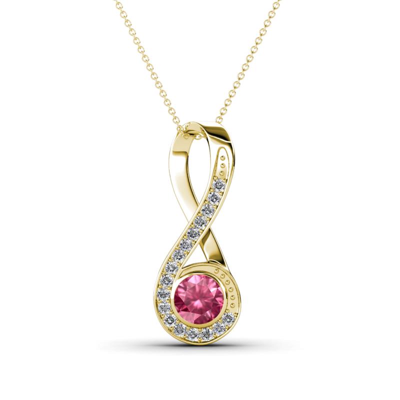 Mandana 5.00 mm Round Pink Tourmaline and Diamond Vertical Infinity Pendant Necklace 