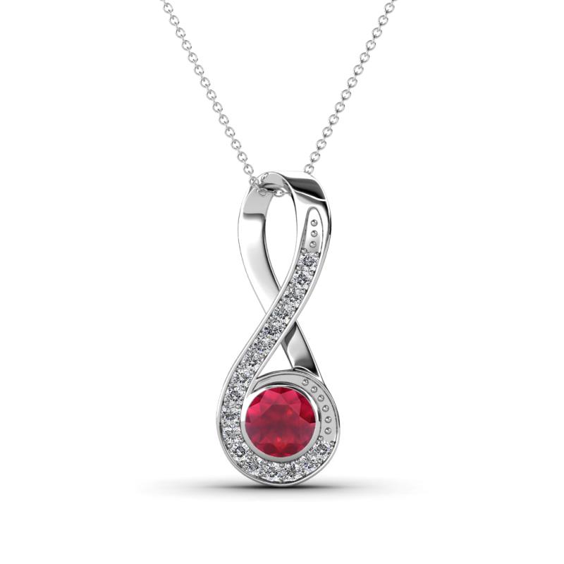 Mandana 5.00 mm Round Ruby and Diamond Vertical Infinity Pendant Necklace 