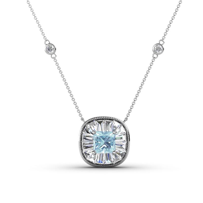 Blossom Iris Princess Cut Aquamarine and Baguette Diamond Milgrain Halo Pendant Necklace with Diamond Stations 