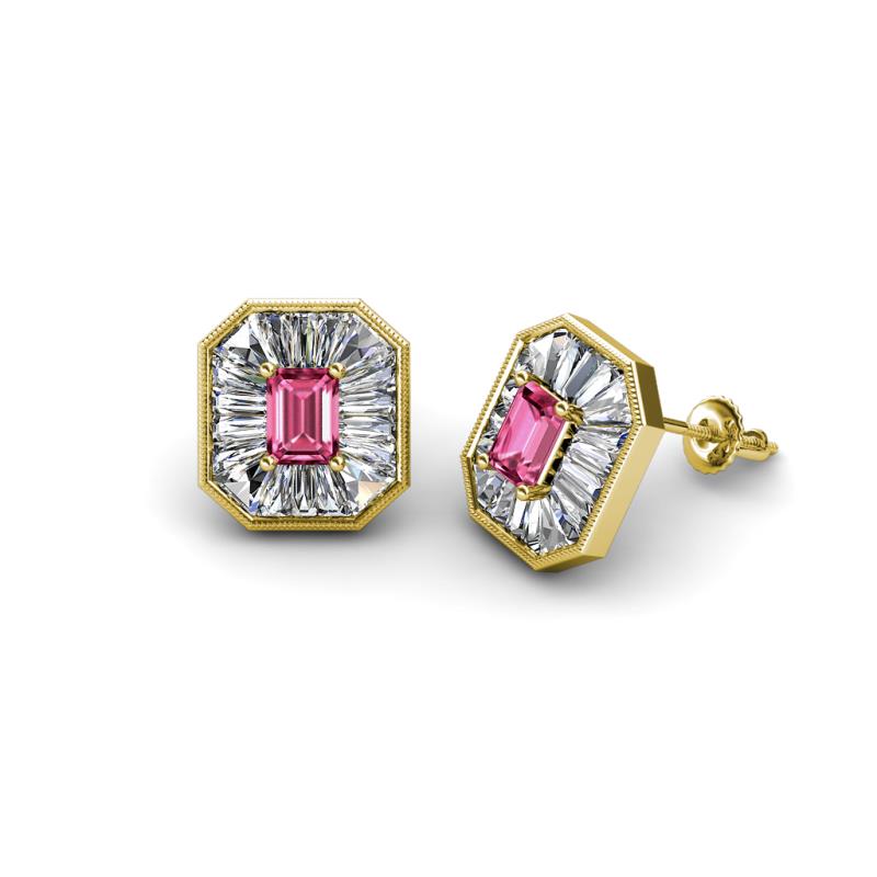 Pamela Iris Emerald Cut Pink Tourmaline and Baguette Diamond Milgrain Halo Stud Earrings 