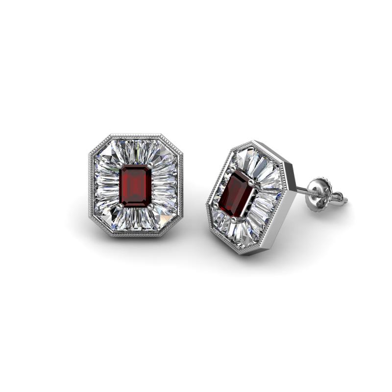 Pamela Iris Emerald Cut Red Garnet and Baguette Diamond Milgrain Halo Stud Earrings 