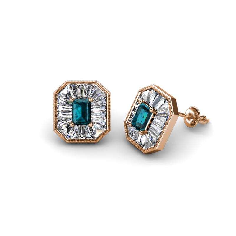 Pamela Iris Emerald Cut London Blue Topaz and Baguette Diamond Milgrain Halo Stud Earrings 
