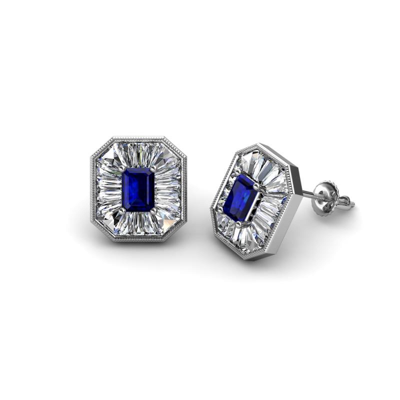 Pamela Iris Emerald Cut Blue Sapphire and Baguette Diamond Milgrain Halo Stud Earrings 