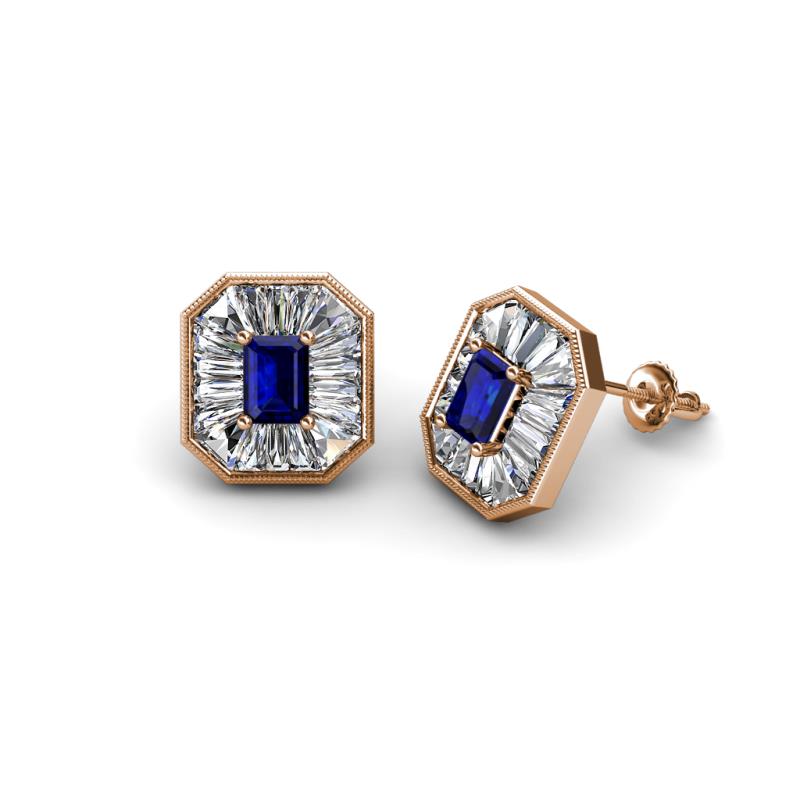Pamela Iris Emerald Cut Blue Sapphire and Baguette Diamond Milgrain Halo Stud Earrings 