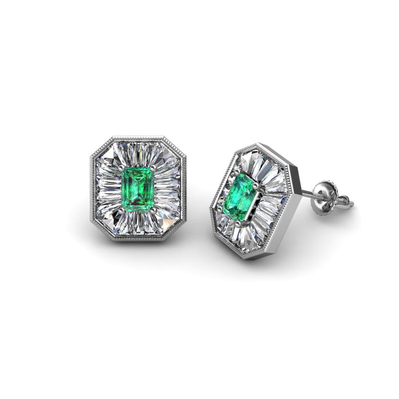Pamela Iris Emerald Cut Emerald and Baguette Diamond Milgrain Halo Stud Earrings 