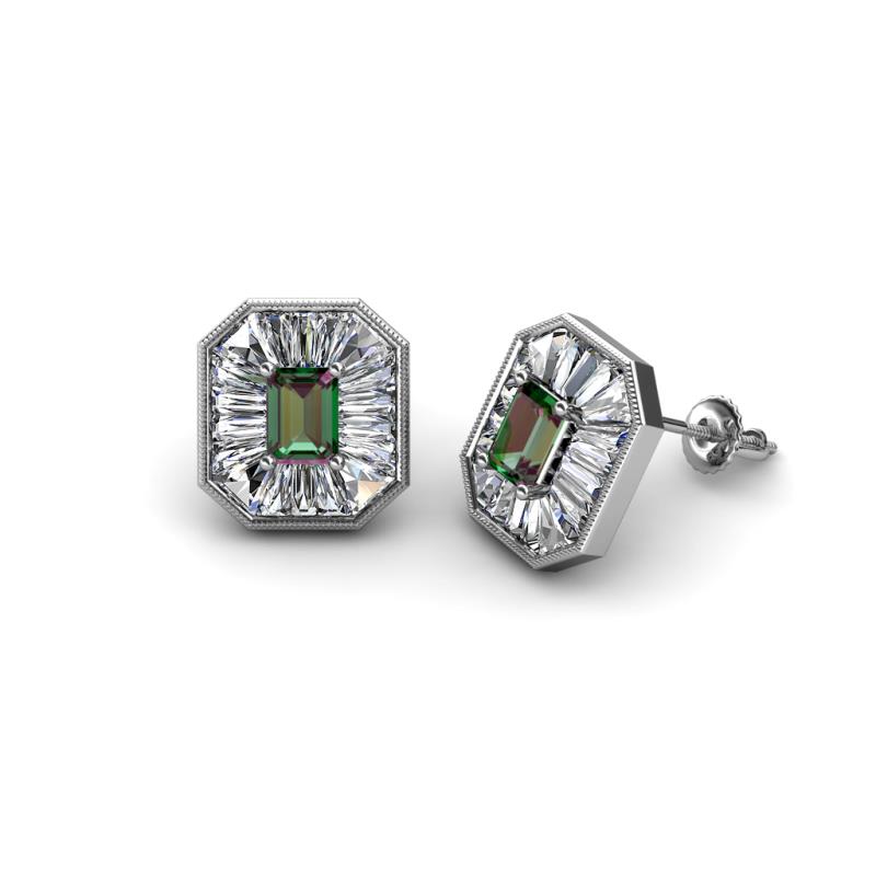 Pamela Iris Emerald Cut Lab Created Alexandrite and Baguette Diamond Milgrain Halo Stud Earrings 