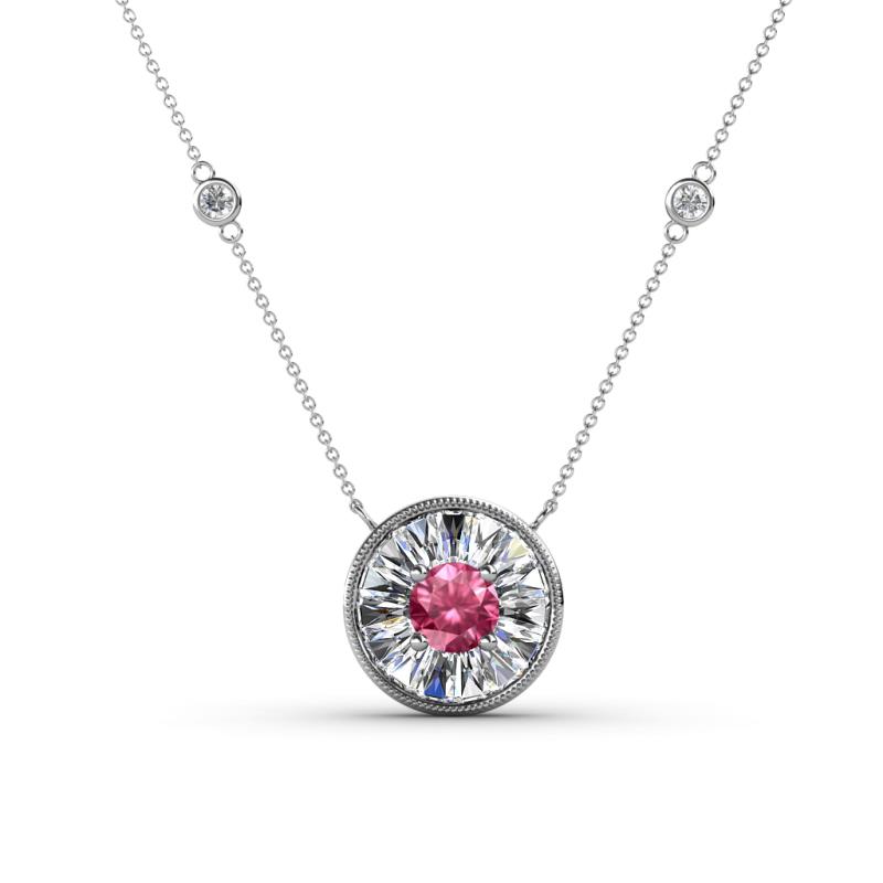 Lillac Iris 0.50 ctw Round Pink Tourmaline and Baguette Diamond Milgrain Halo Pendant Necklace with Diamond Stations 