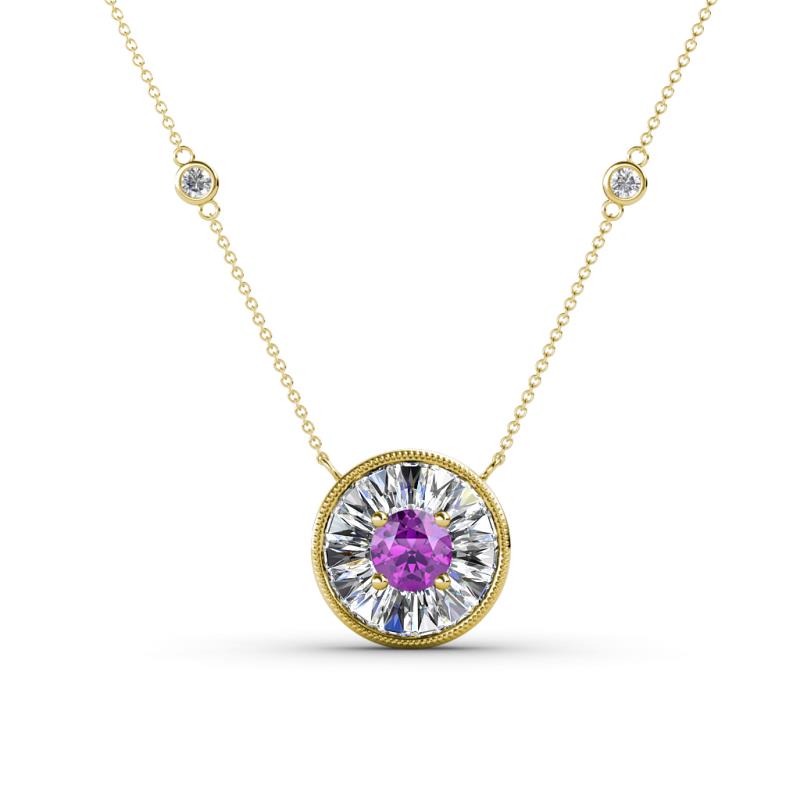 Lillac Iris 0.65 ctw Round Amethyst and Baguette Diamond Milgrain Halo Pendant Necklace with Diamond Stations 