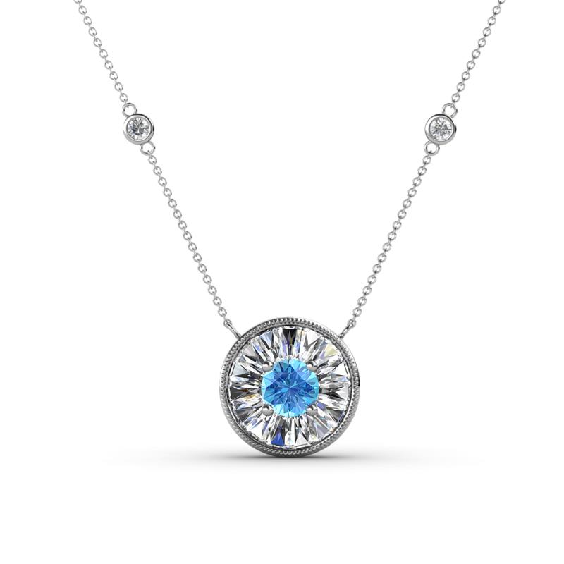 Lillac Iris 0.50 ctw Round Blue Topaz and Baguette Diamond Milgrain Halo Pendant Necklace with Diamond Stations 