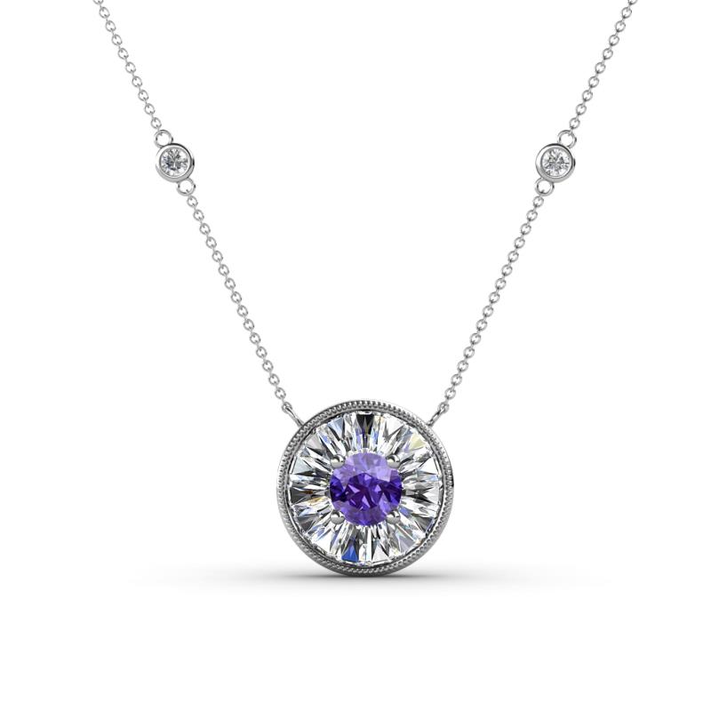 Lillac Iris 0.50 ctw Round Iolite and Baguette Diamond Milgrain Halo Pendant Necklace with Diamond Stations 