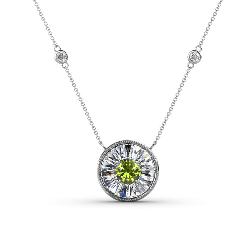 Lillac Iris 0.50 ctw Round Peridot and Baguette Diamond Milgrain Halo Pendant Necklace with Diamond Stations 