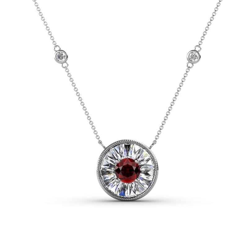 Lillac Iris 0.50 ctw Round Red Garnet and Baguette Diamond Milgrain Halo Pendant Necklace with Diamond Stations 