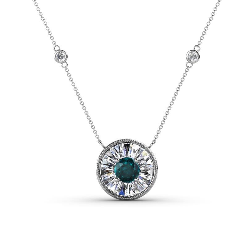 Lillac Iris 0.50 ctw Round London Blue Topaz and Baguette Diamond Milgrain Halo Pendant Necklace with Diamond Stations 