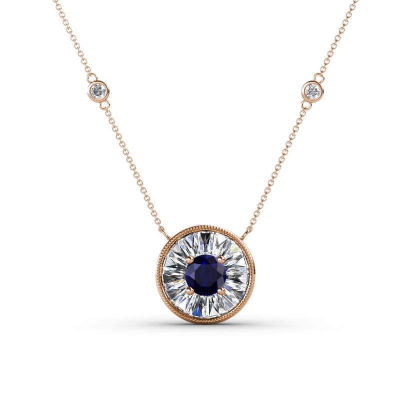 Lillac Iris 0.50 ctw Round Blue Sapphire and Baguette Diamond Milgrain Halo Pendant Necklace with Diamond Stations 