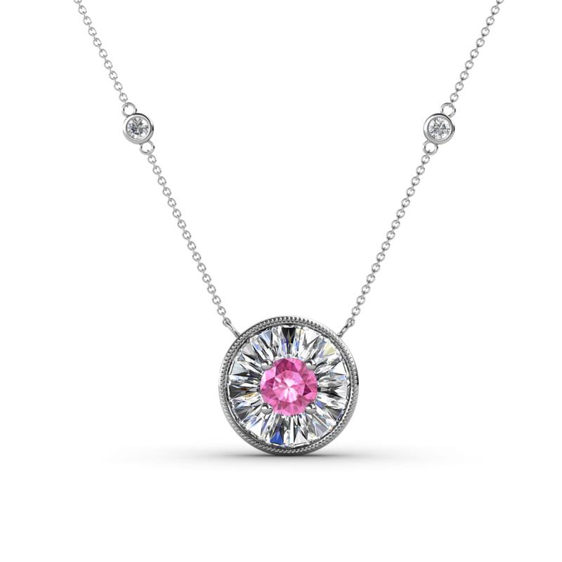 Lillac Iris 0.50 ctw Round Pink Sapphire and Baguette Diamond Milgrain Halo Pendant Necklace with Diamond Stations 