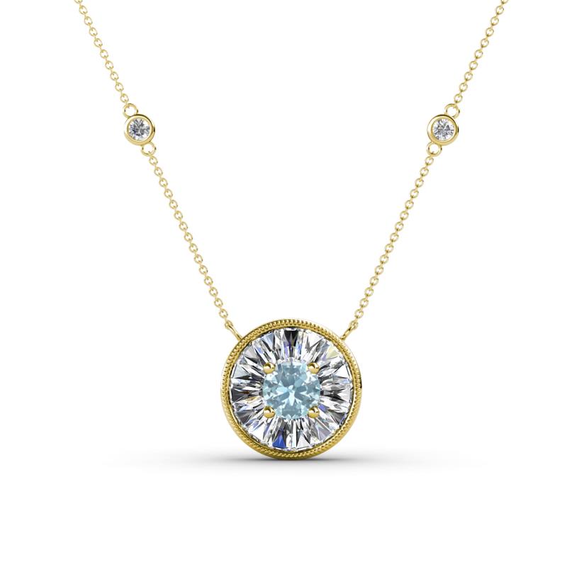 Lillac Iris 0.50 ctw Round Aquamarine and Baguette Diamond Milgrain Halo Pendant Necklace with Diamond Stations 