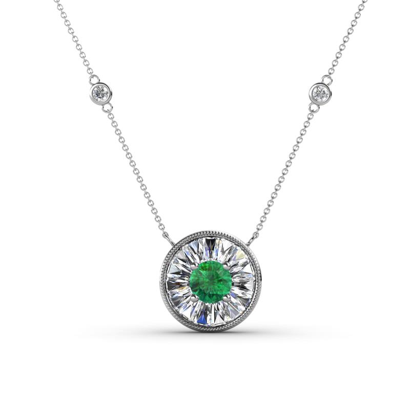Lillac Iris 0.50 ctw Round Emerald and Baguette Diamond Milgrain Halo Pendant Necklace with Diamond Stations 
