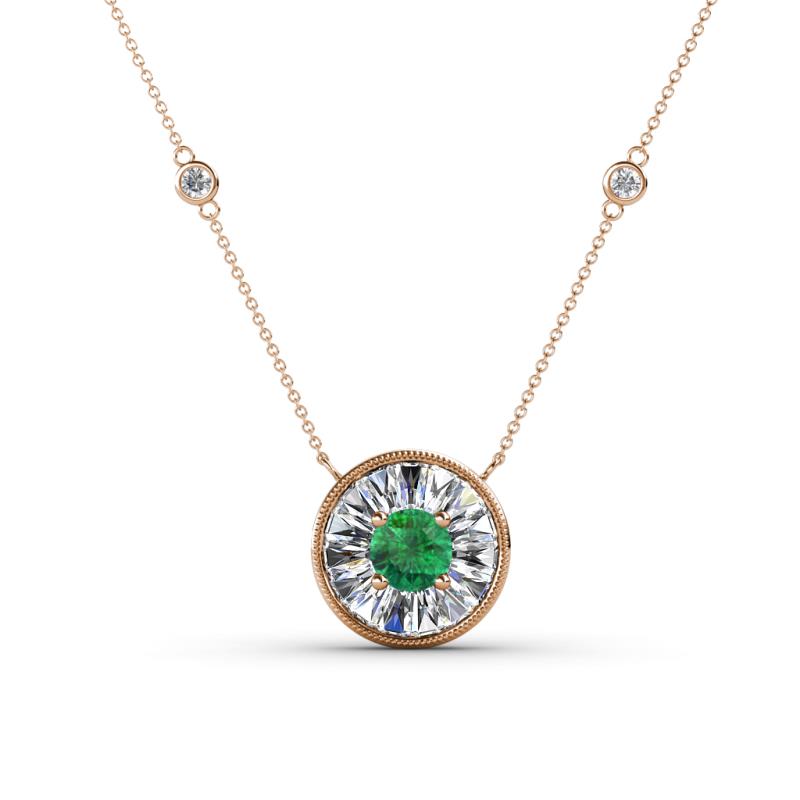 Lillac Iris 0.50 ctw Round Emerald and Baguette Diamond Milgrain Halo Pendant Necklace with Diamond Stations 