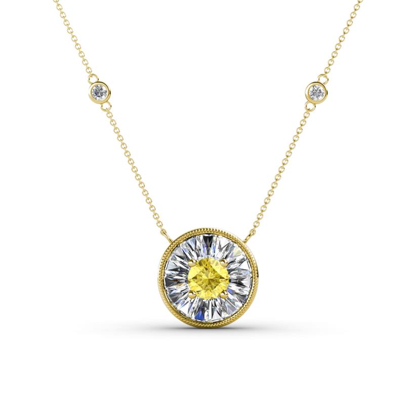 Lillac Iris 0.50 ctw Round Yellow Sapphire and Baguette Diamond Milgrain Halo Pendant Necklace with Diamond Stations 