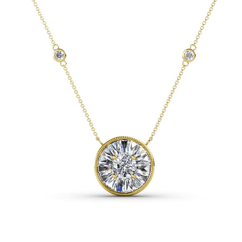 Lillac Iris 0.50 ctw Round Lab Grown Diamond and Baguette Diamond Milgrain Halo Pendant Necklace with Diamond Stations 