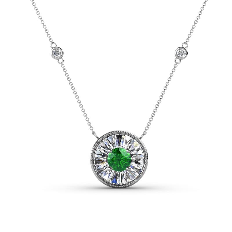 Lillac Iris 0.50 ctw Round Green Garnet and Baguette Diamond Milgrain Halo Pendant Necklace with Diamond Stations 