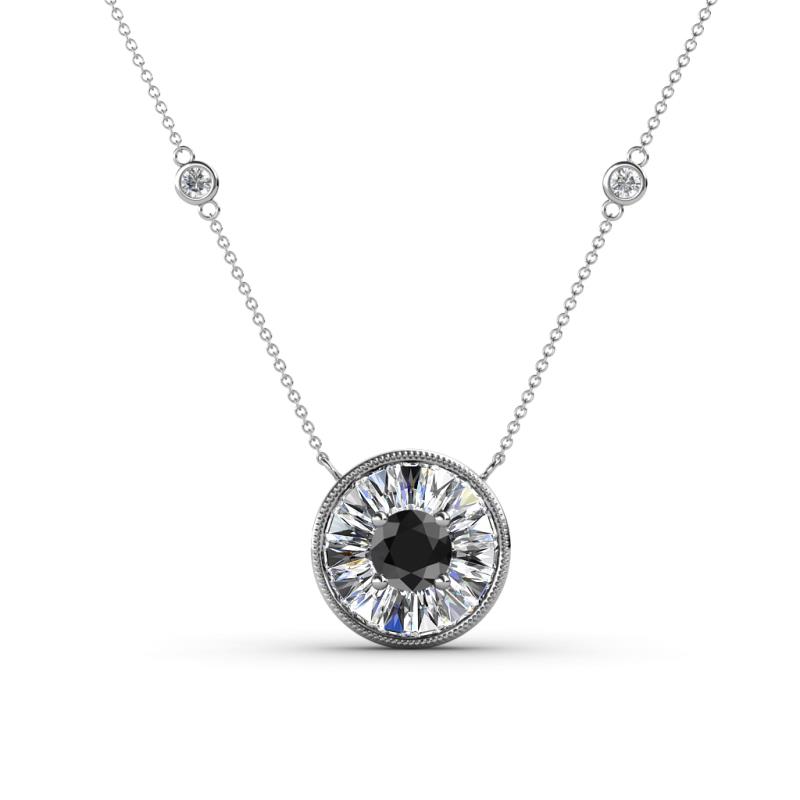 Lillac Iris Round Black Diamond and Baguette White Diamond Milgrain Halo Pendant Necklace with Diamond Stations 