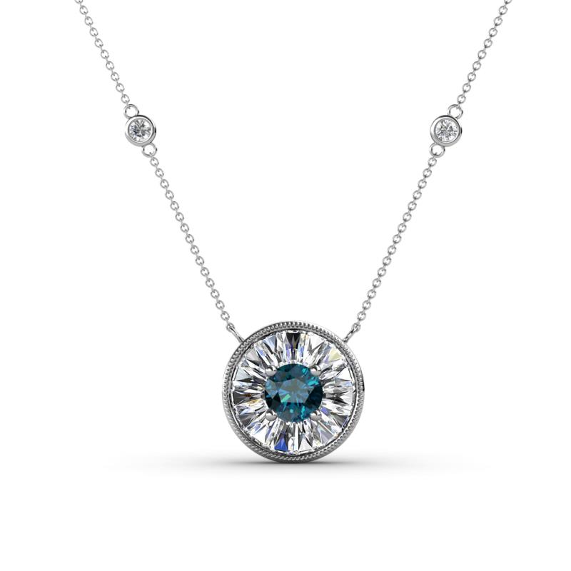 Lillac Iris 0.50 ctw Round Blue Diamond and Baguette White Diamond Milgrain Halo Pendant Necklace with Diamond Stations 