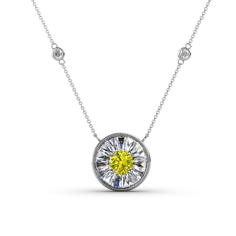 Lillac Iris 0.50 ctw Round Yellow Diamond and Baguette White Diamond Milgrain Halo Pendant Necklace with Diamond Stations 