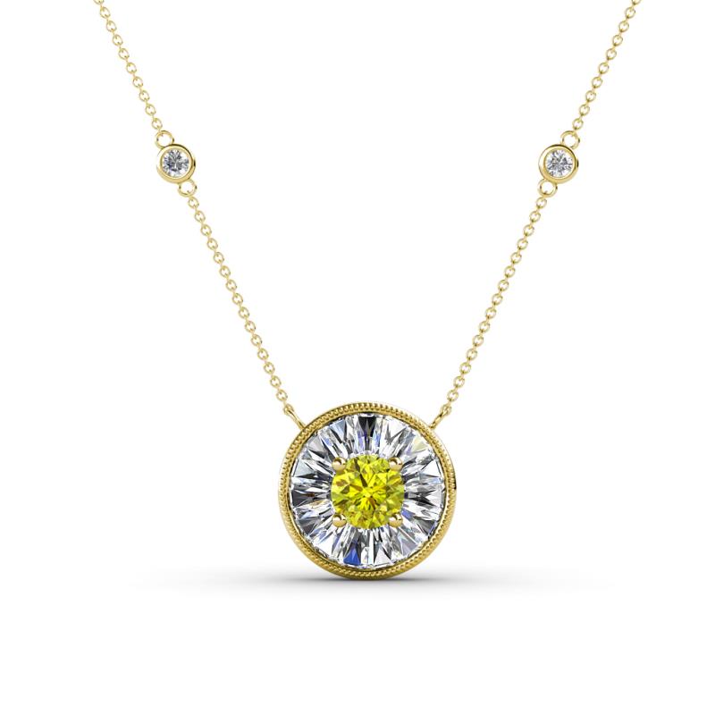 Lillac Iris 0.50 ctw Round Yellow Diamond and Baguette White Diamond Milgrain Halo Pendant Necklace with Diamond Stations 