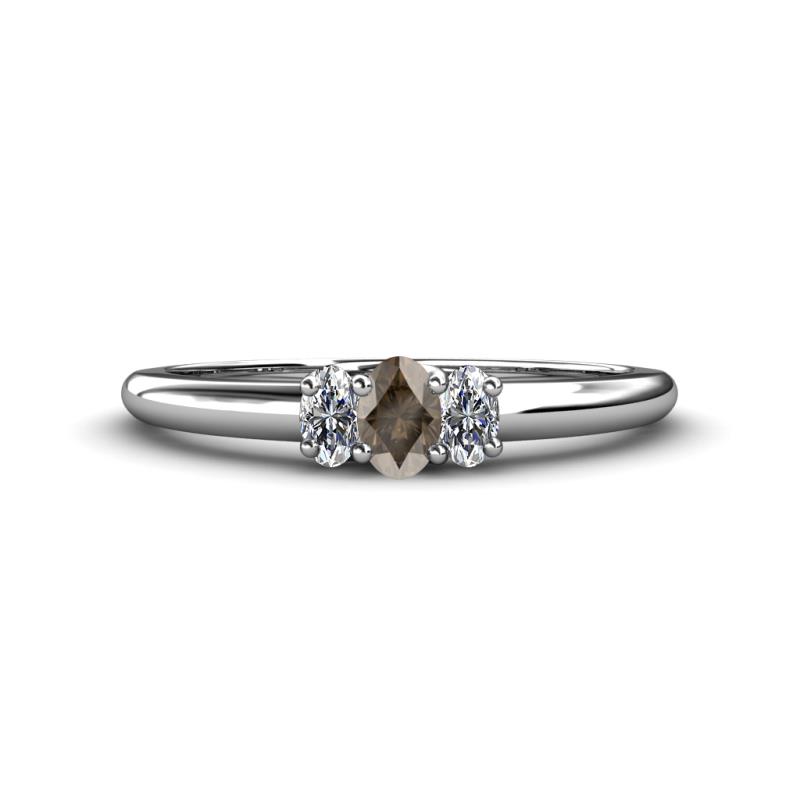 Louisa 6x4 mm Oval Cut Smoky Quartz and Diamond Trellis Three Stone Engagement Ring 