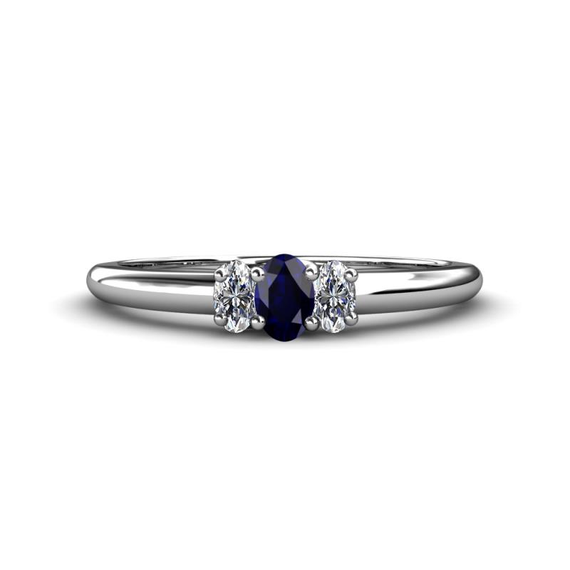 Louisa 6x4 mm Oval Cut Blue Sapphire and Diamond Trellis Three Stone Engagement Ring 