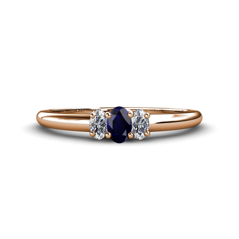 Louisa 6x4 mm Oval Cut Blue Sapphire and Diamond Trellis Three Stone Engagement Ring 