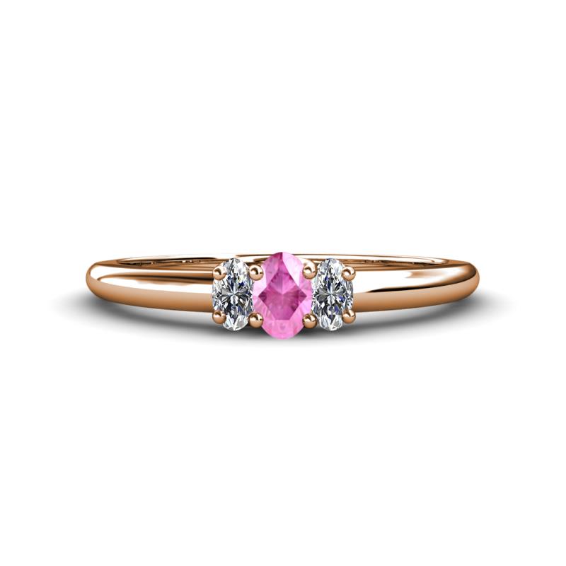 Louisa 6x4 mm Oval Cut Pink Sapphire and Diamond Trellis Three Stone Engagement Ring 