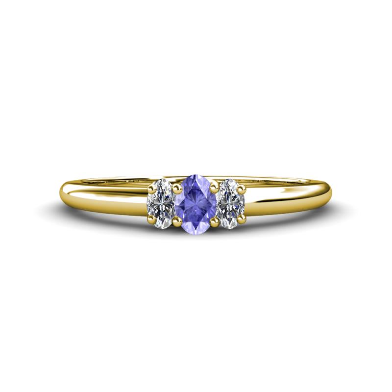Louisa 6x4 mm Oval Cut Tanzanite and Diamond Trellis Three Stone Engagement Ring 