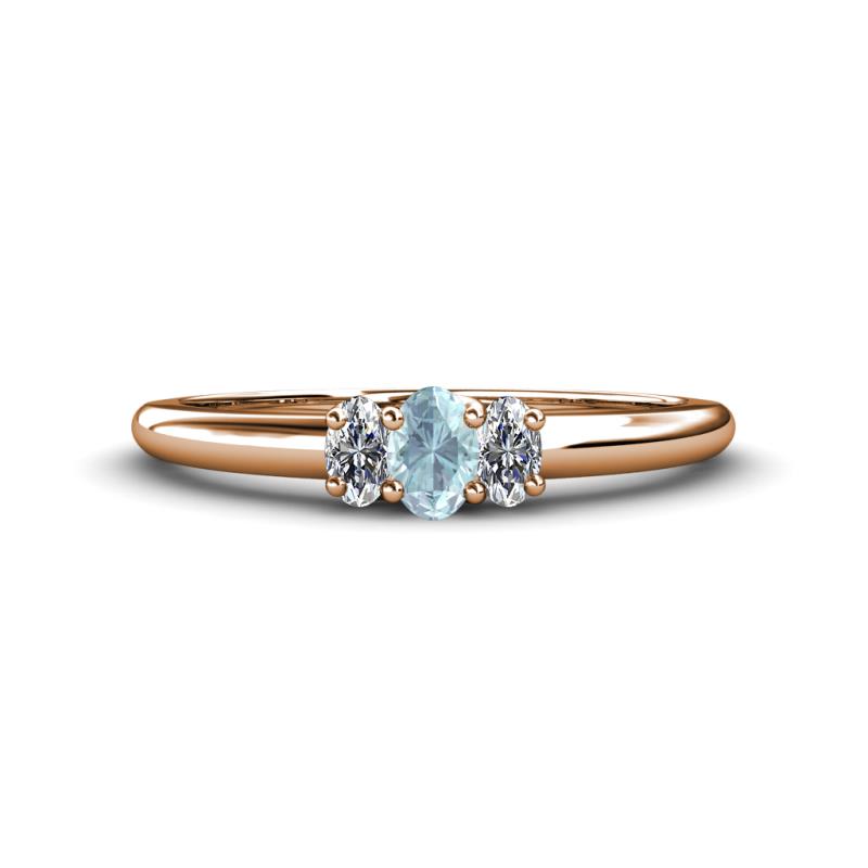 Louisa 6x4 mm Oval Cut Aquamarine and Diamond Trellis Three Stone Engagement Ring 