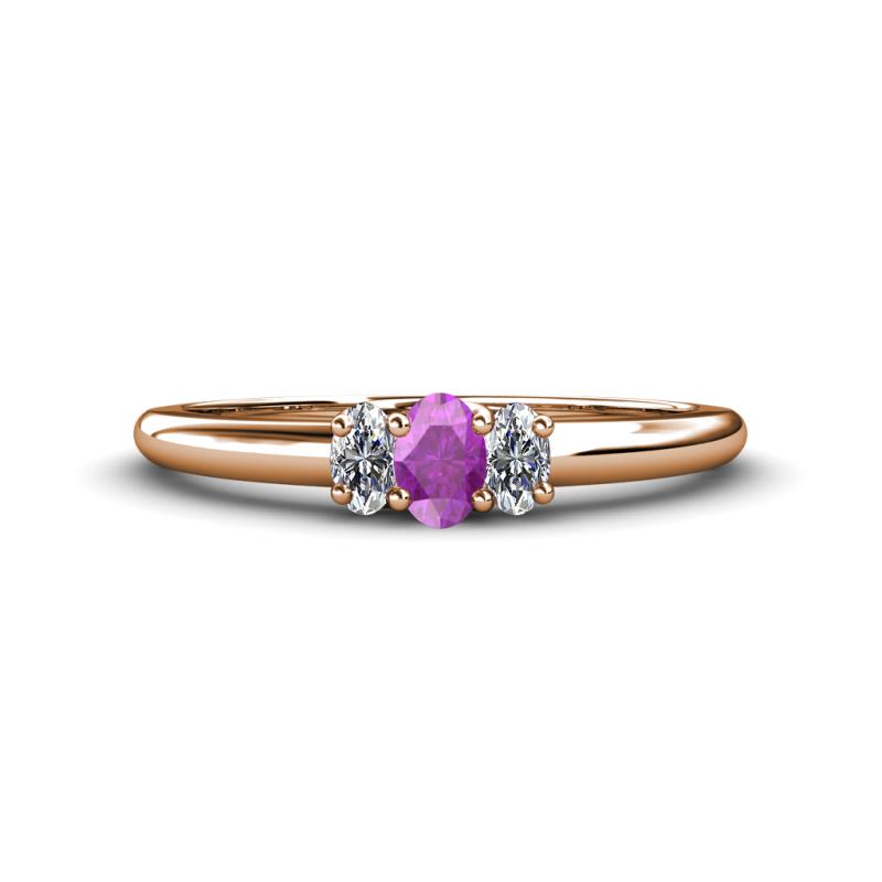 Louisa 6x4 mm Oval Cut Amethyst and Diamond Trellis Three Stone Engagement Ring 
