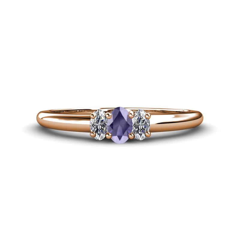 Louisa 6x4 mm Oval Cut Iolite and Diamond Trellis Three Stone Engagement Ring 
