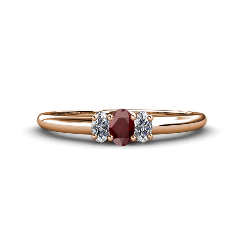 Louisa 6x4 mm Oval Cut Red Garnet and Diamond Trellis Three Stone Engagement Ring 